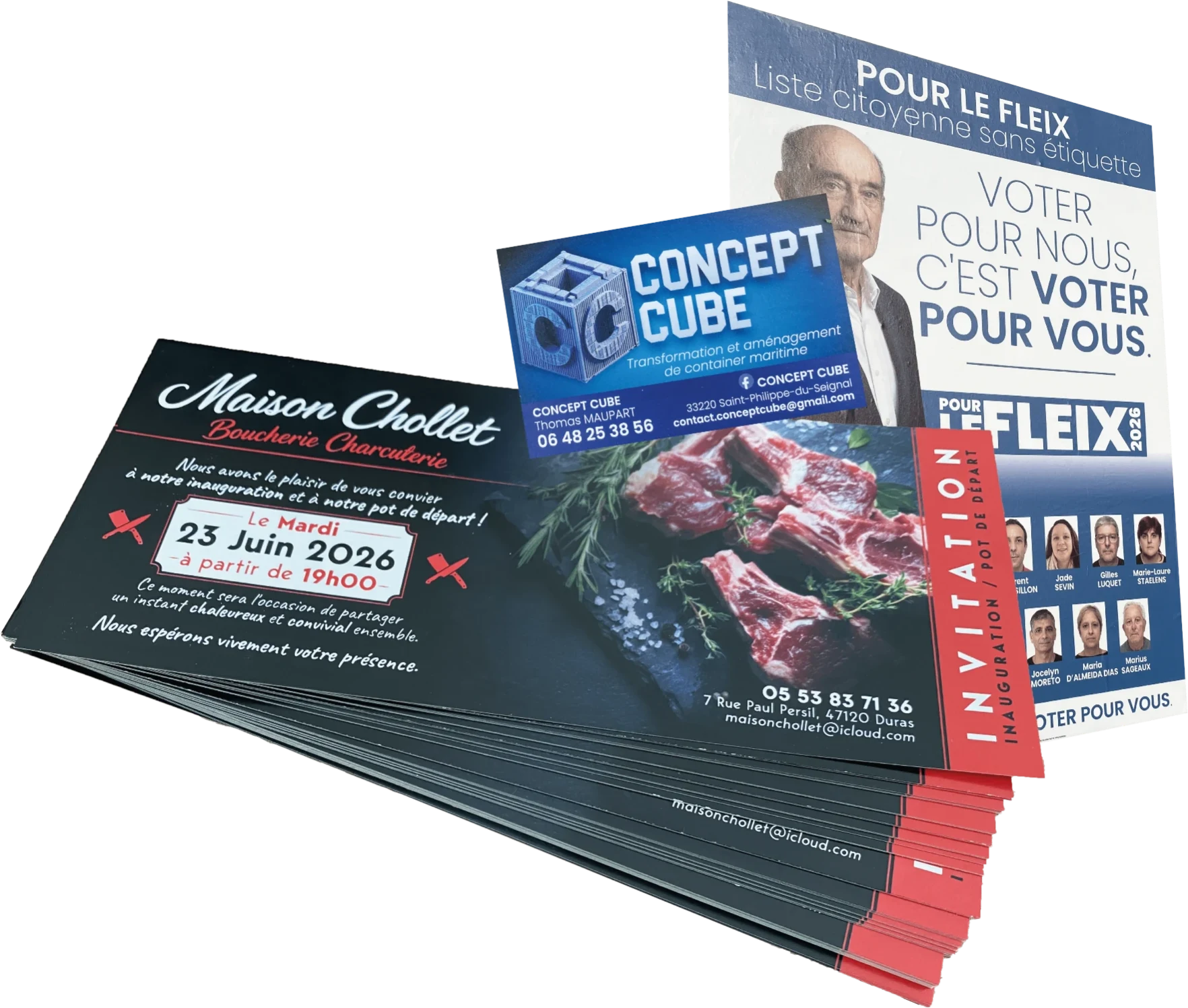 Cartes de visite et flyers imprimés : Maison Chollet, Concept Cube, liste Pour Le Fleix