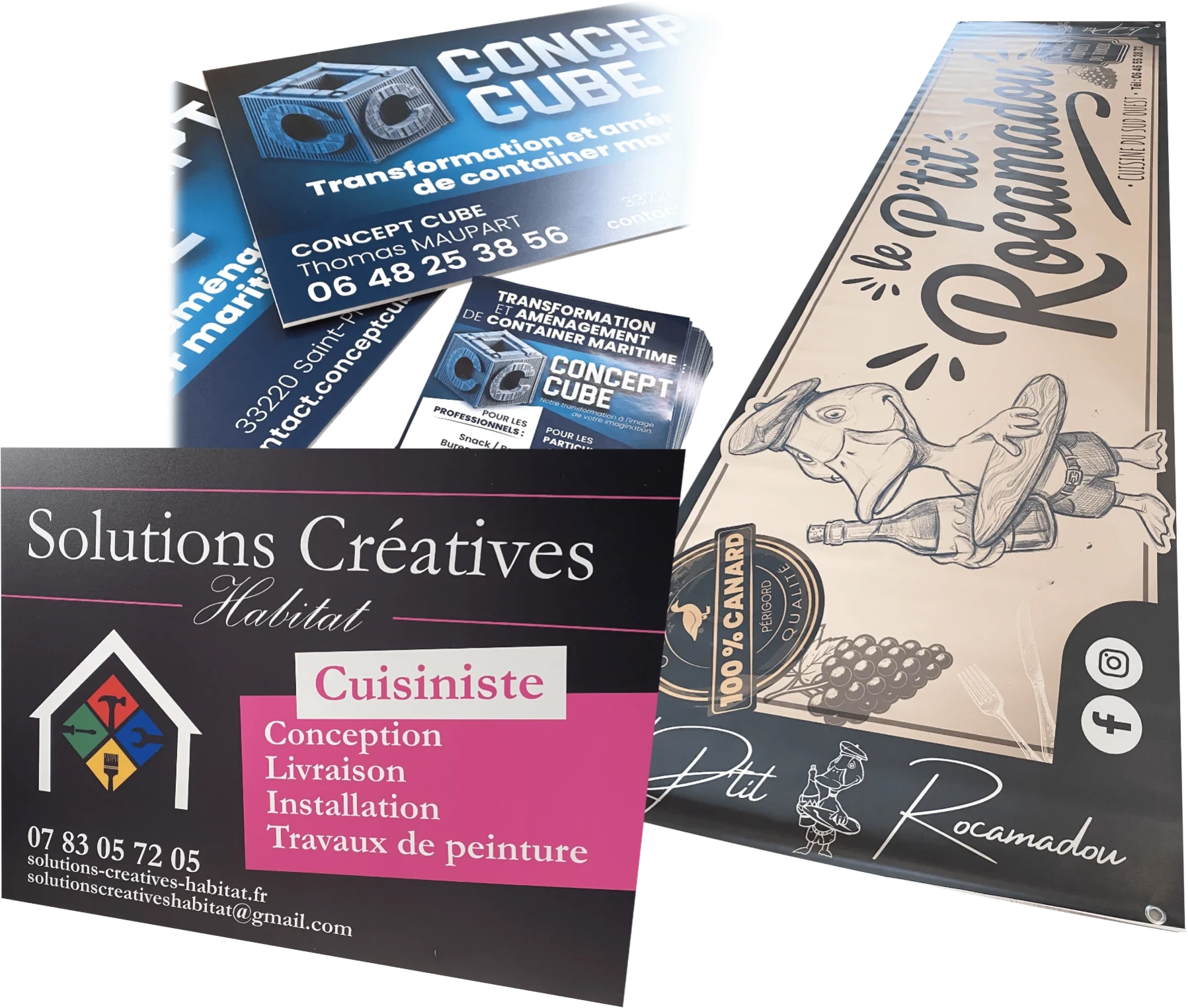Cartes, flyers et bâche publicitaire Le P'tit Rocamadou