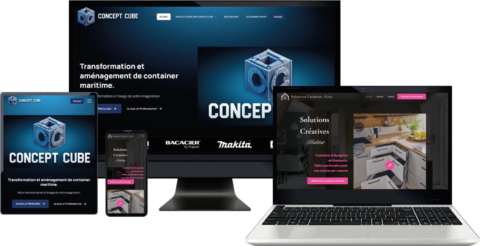 Sites Concept Cube et Solutions Créatives Habitat affichés sur ordinateur, tablette et smartphone